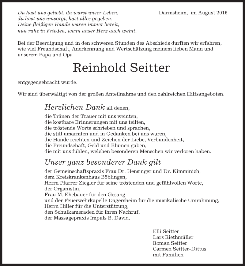  Traueranzeige für Reinhold Seitter vom 13.08.2016 aus Kreiszeitung Böblinger Bote