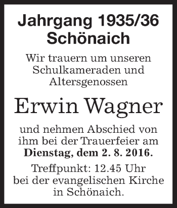 Traueranzeige von Erwin Wagner von Kreiszeitung Böblinger Bote