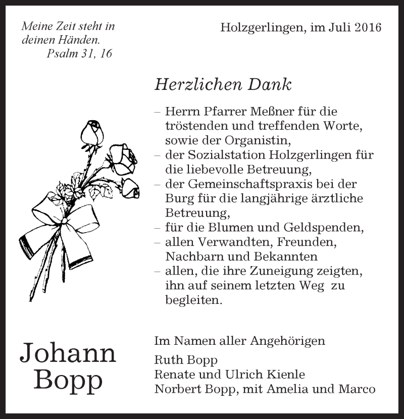 Traueranzeige für Johann Bopp vom 03.08.2016 aus Kreiszeitung Böblinger Bote
