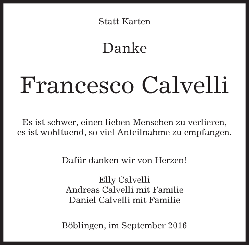  Traueranzeige für Francesco Calvelli vom 15.09.2016 aus Kreiszeitung Böblinger Bote
