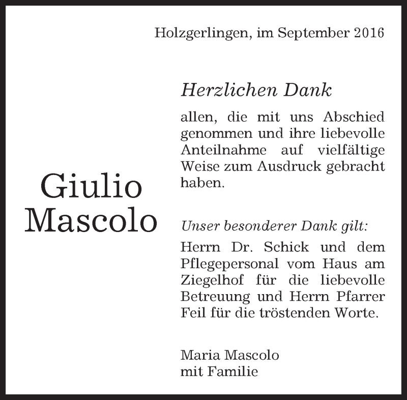 Traueranzeige für Giulio Mascolo vom 23.09.2016 aus Kreiszeitung Böblinger Bote
