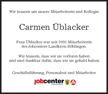 Traueranzeige von Carmen Üblacker von Kreiszeitung Böblinger Bote