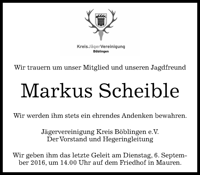  Traueranzeige für Markus Scheible vom 07.09.2016 aus Kreiszeitung Böblinger Bote