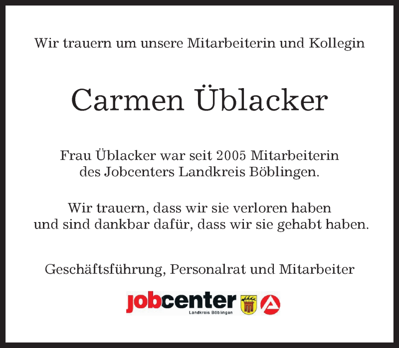  Traueranzeige für Carmen Üblacker vom 01.09.2016 aus Kreiszeitung Böblinger Bote