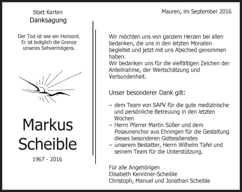  Traueranzeige für Markus Scheible vom 28.09.2016 aus Kreiszeitung Böblinger Bote