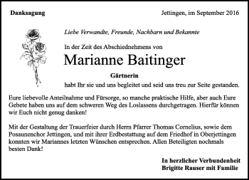 Traueranzeige von Marianne Baitinger von Kreiszeitung Böblinger Bote