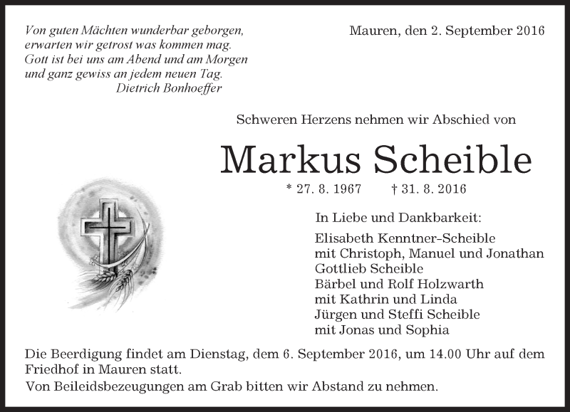  Traueranzeige für Markus Scheible vom 02.09.2016 aus Kreiszeitung Böblinger Bote