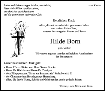 Traueranzeige von Hilde Born von Kreiszeitung Böblinger Bote