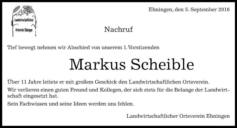  Traueranzeige für Markus Scheible vom 05.09.2016 aus Kreiszeitung Böblinger Bote