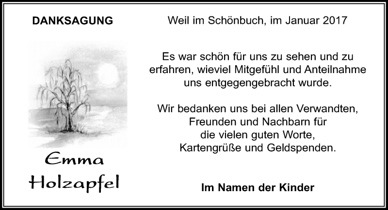  Traueranzeige für Emma Holzapfel vom 12.01.2017 aus Kreiszeitung Böblinger Bote