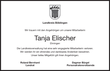 Traueranzeige von Tanja Elischer von Kreiszeitung Böblinger Bote