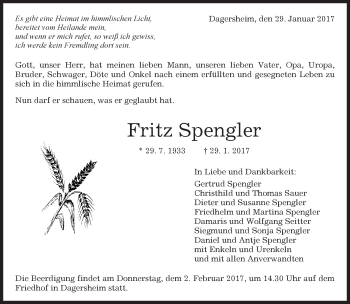 Traueranzeige von Fritz Spengler von Kreiszeitung Böblinger Bote