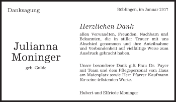 Traueranzeige von Juliannea Moninger von Kreiszeitung Böblinger Bote