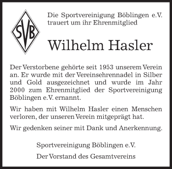 Traueranzeige von Wilhelm Hasler von Kreiszeitung Böblinger Bote
