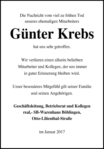 Traueranzeige von Günter Krebs von Kreiszeitung Böblinger Bote