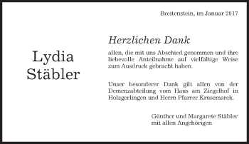 Traueranzeige von Lydia Stäbler von Kreiszeitung Böblinger Bote