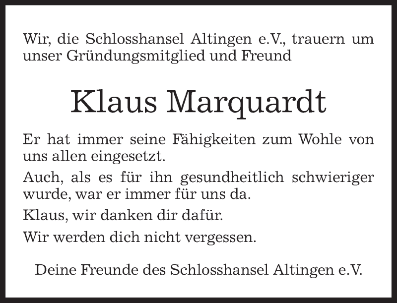  Traueranzeige für Klaus Marquardt vom 12.10.2017 aus Kreiszeitung Böblinger Bote