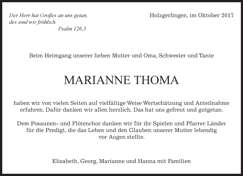  Traueranzeige für Marianne Thoma vom 13.10.2017 aus Kreiszeitung Böblinger Bote
