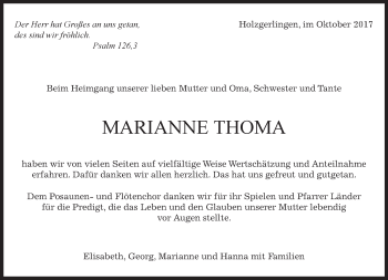 Traueranzeige von Marianne Thoma von Kreiszeitung Böblinger Bote