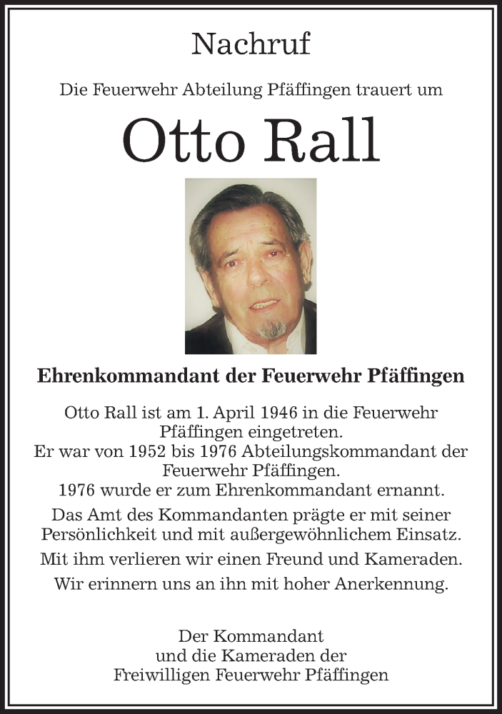  Traueranzeige für Otto Rall vom 12.10.2017 aus Kreiszeitung Böblinger Bote