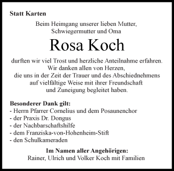 Traueranzeige von Rosa Koch von Kreiszeitung Böblinger Bote