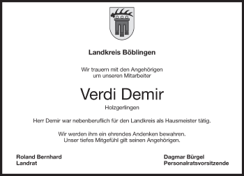 Traueranzeige von Verdi Demir von Kreiszeitung Böblinger Bote