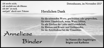 Traueranzeige von Anneliese Binder von Kreiszeitung Böblinger Bote
