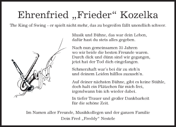 Traueranzeige von Ehrenfried Kozelka von Kreiszeitung Böblinger Bote