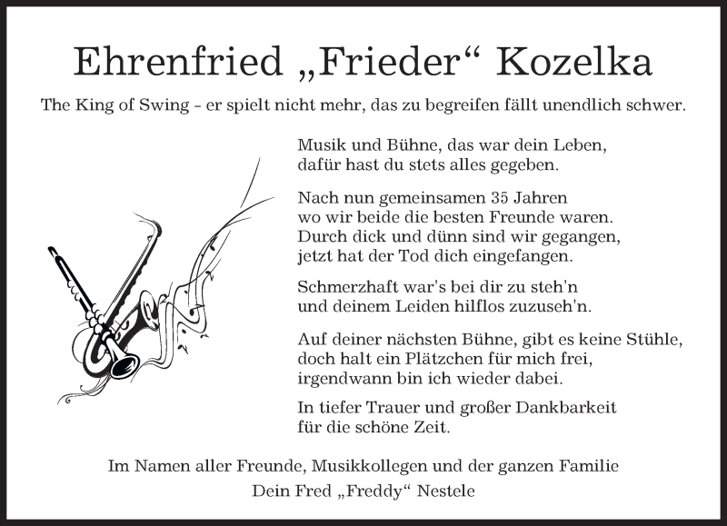  Traueranzeige für Ehrenfried Kozelka vom 07.11.2017 aus Kreiszeitung Böblinger Bote