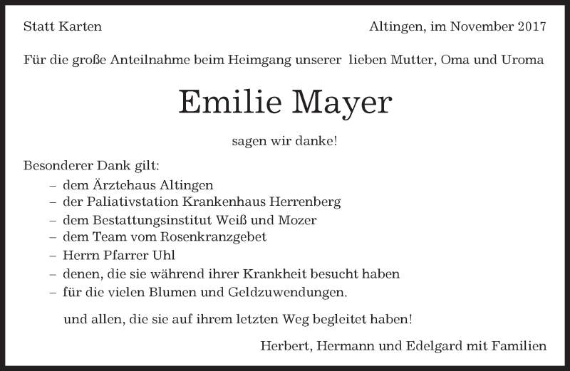  Traueranzeige für Emilie Mayer vom 09.11.2017 aus Kreiszeitung Böblinger Bote