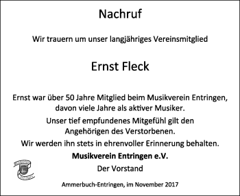 Traueranzeige von Ernst Fleck von Kreiszeitung Böblinger Bote