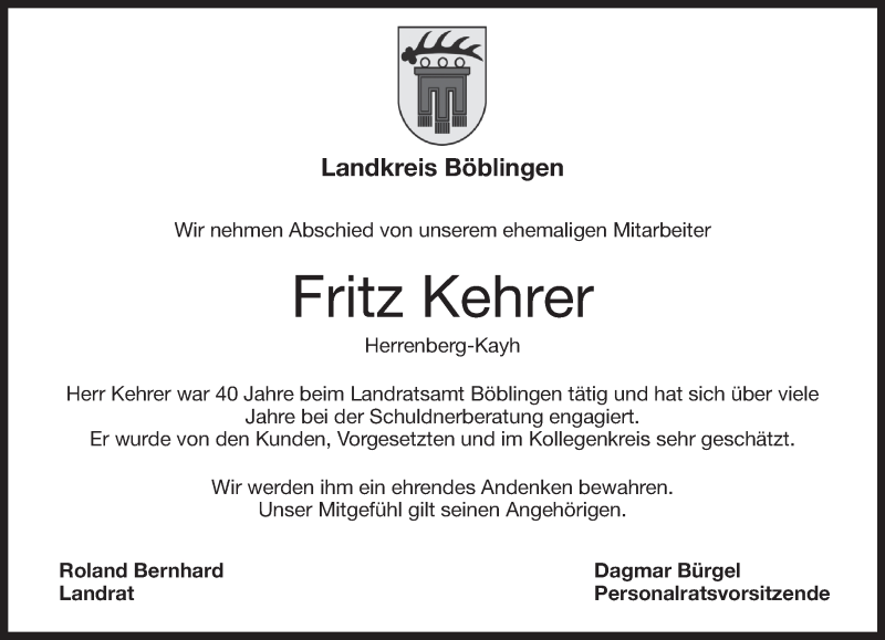  Traueranzeige für Fritz Kehrer vom 03.11.2017 aus Kreiszeitung Böblinger Bote