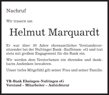 Traueranzeige von Helmut Marquardt von Kreiszeitung Böblinger Bote