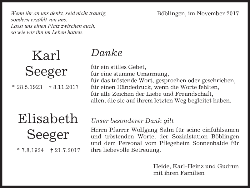  Traueranzeige für Karl und Elisabeth Seeger vom 25.11.2017 aus Kreiszeitung Böblinger Bote