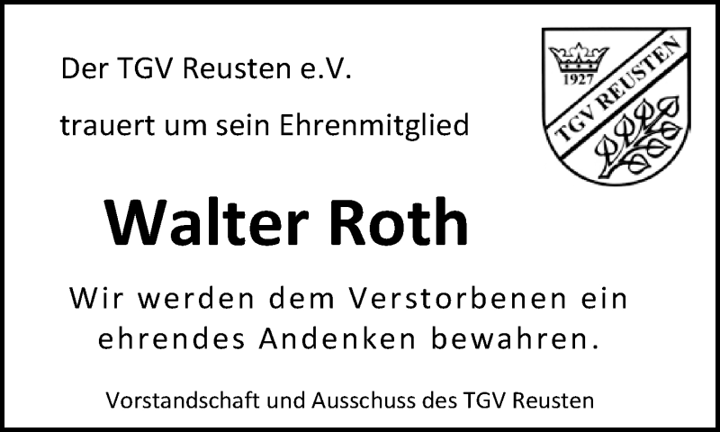  Traueranzeige für Walter Roth vom 16.11.2017 aus Kreiszeitung Böblinger Bote