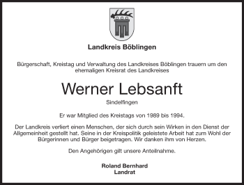 Traueranzeige von Werner Lebsanft von Kreiszeitung Böblinger Bote