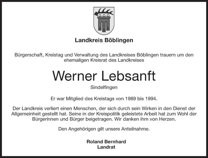  Traueranzeige für Werner Lebsanft vom 15.11.2017 aus Kreiszeitung Böblinger Bote