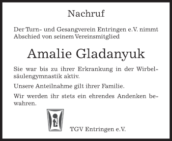 Traueranzeige von Amalie Gladanyuk von Kreiszeitung Böblinger Bote