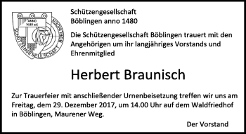 Traueranzeige von Herbert Braunisch von Kreiszeitung Böblinger Bote