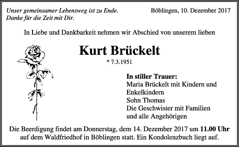  Traueranzeige für Kurt Brückelt vom 12.12.2017 aus Kreiszeitung Böblinger Bote