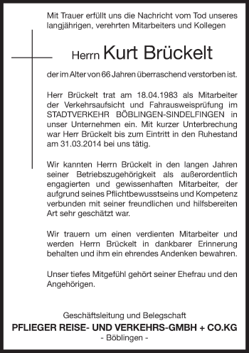Traueranzeige von Kurt Brückelt von Kreiszeitung Böblinger Bote