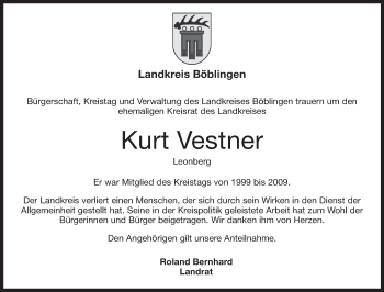 Traueranzeige von Kurt Vestner von Kreiszeitung Böblinger Bote