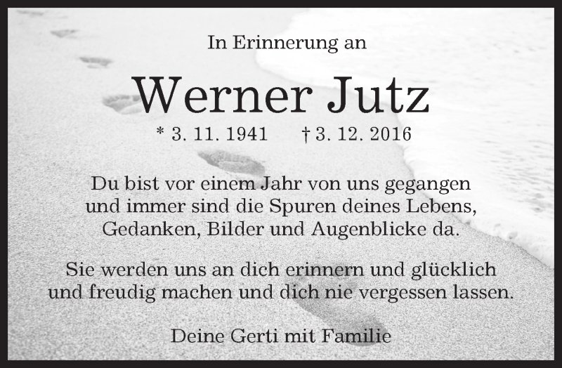  Traueranzeige für Werner Jutz vom 02.12.2017 aus Kreiszeitung Böblinger Bote