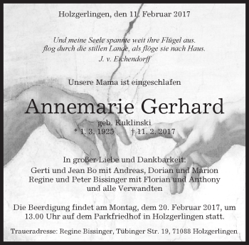 Traueranzeige von Annemarie Gerhard von Kreiszeitung Böblinger Bote