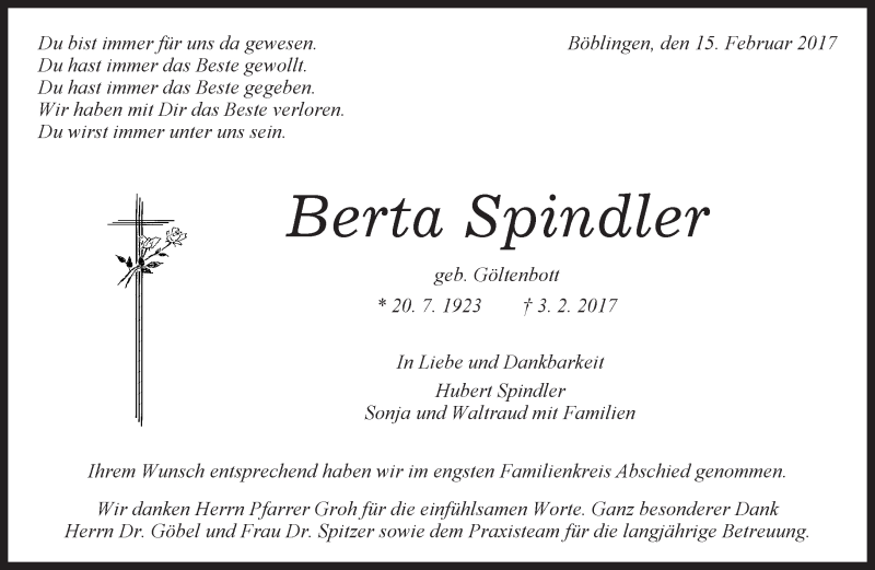  Traueranzeige für Berta Spindler vom 16.02.2017 aus Kreiszeitung Böblinger Bote
