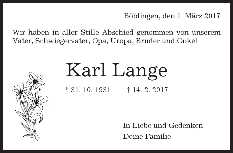  Traueranzeige für Karl Lange vom 01.03.2017 aus Kreiszeitung Böblinger Bote