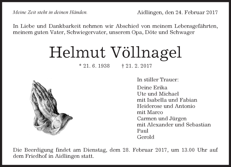  Traueranzeige für Helmut Völlnagel vom 24.02.2017 aus Kreiszeitung Böblinger Bote