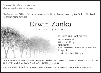 Traueranzeige von Erwin Zanka von Kreiszeitung Böblinger Bote