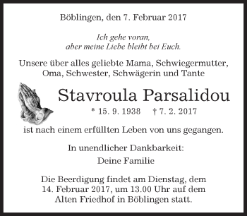 Traueranzeige von Stavroula Parsalidou von Kreiszeitung Böblinger Bote