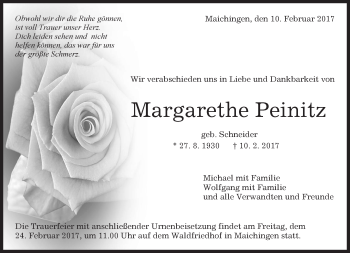 Traueranzeige von Margarethe Peinitz von Kreiszeitung Böblinger Bote